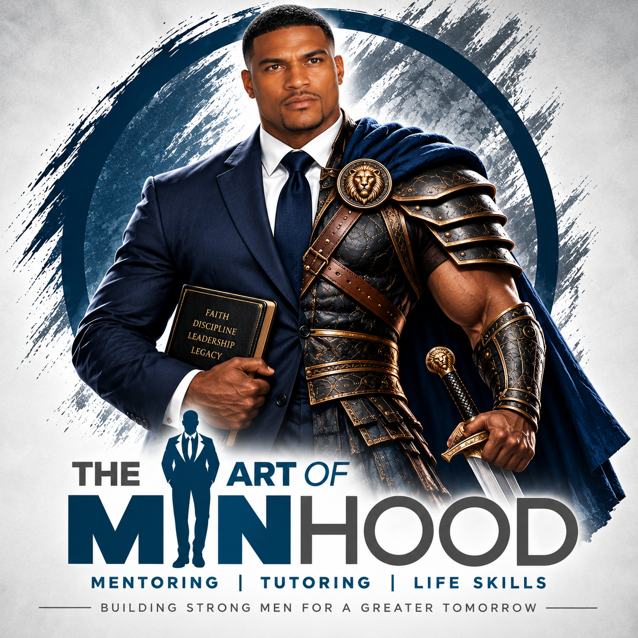The Art of ManHood mascot: a mentor shown half in a business suit and half in warrior armor, holding a book inscribed with Faith, Discipline, Leadership, and Legacy